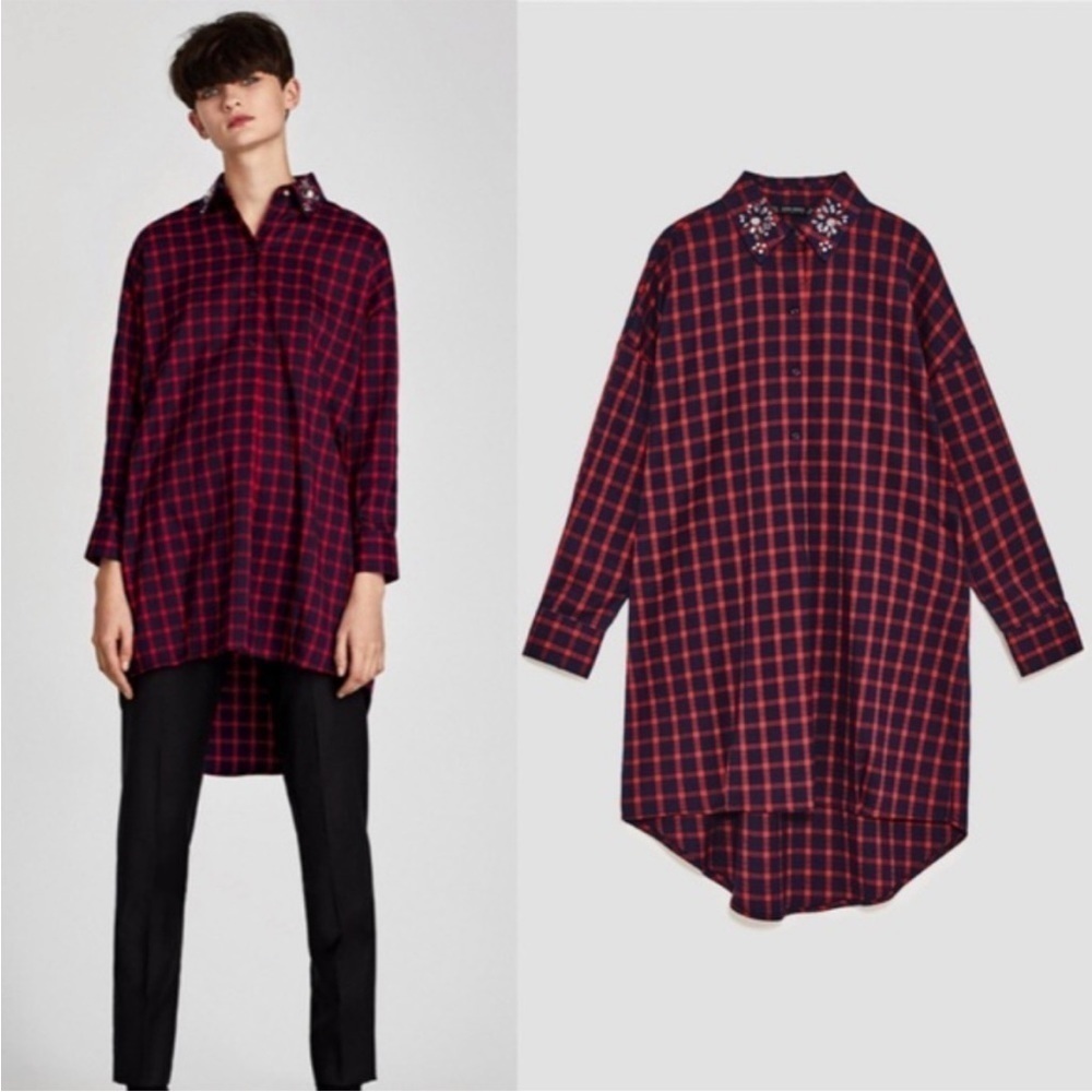 Zara Basic Collection Red & Navy Blue Plaid Tunic Long Sleeve Mini Dress Small